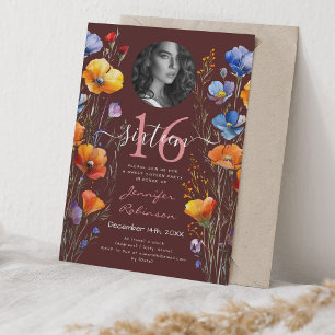 PHOTO Watercolor Wildflowers Sweet 16 Burgundy  Invitation