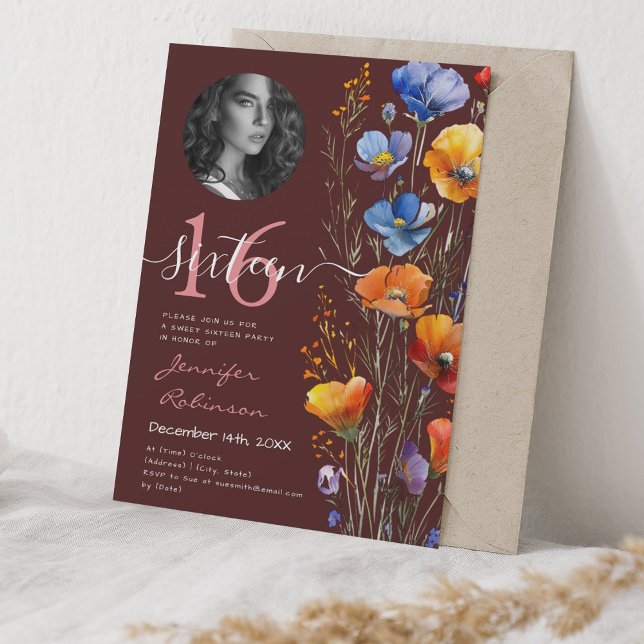 PHOTO Watercolor Wildflowers Sweet 16 Burgundy  Invitation (PHOTO Watercolor Wildflowers Sweet 16 Burgundy Invitation)
