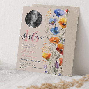 PHOTO Watercolor Wildflowers Sweet 16 Champagne  Invitation