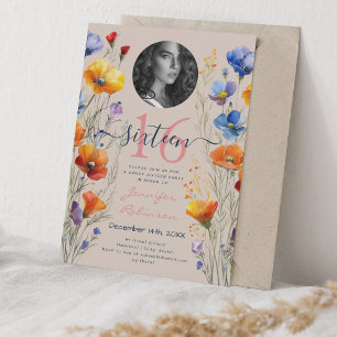 PHOTO Watercolor Wildflowers Sweet 16 Champagne Invitation