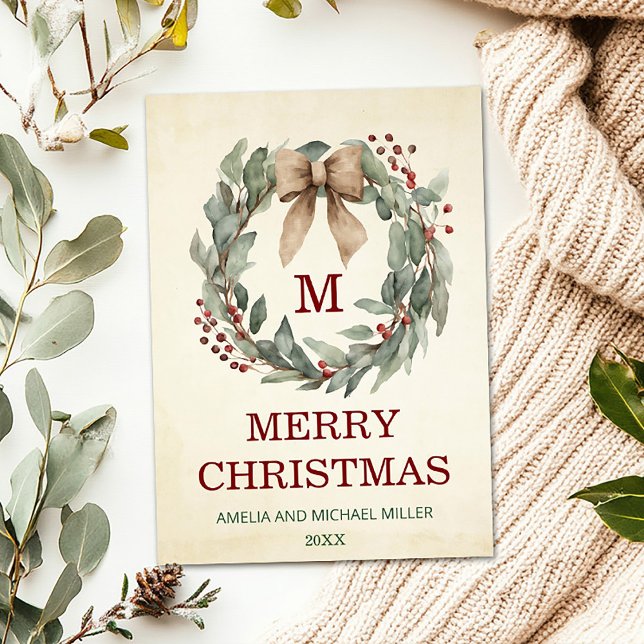 Photo Watercolor Wreath Merry Christmas Card (Photo Vintage Wreath Boho Merry Christmas Flat Card)