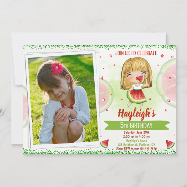 Photo Watermelon birthday invitation Girl sweet (Front)