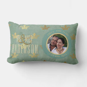 PHOTO Wedding Anniversary ANY Aqua Teal Gold Crown Lumbar Cushion