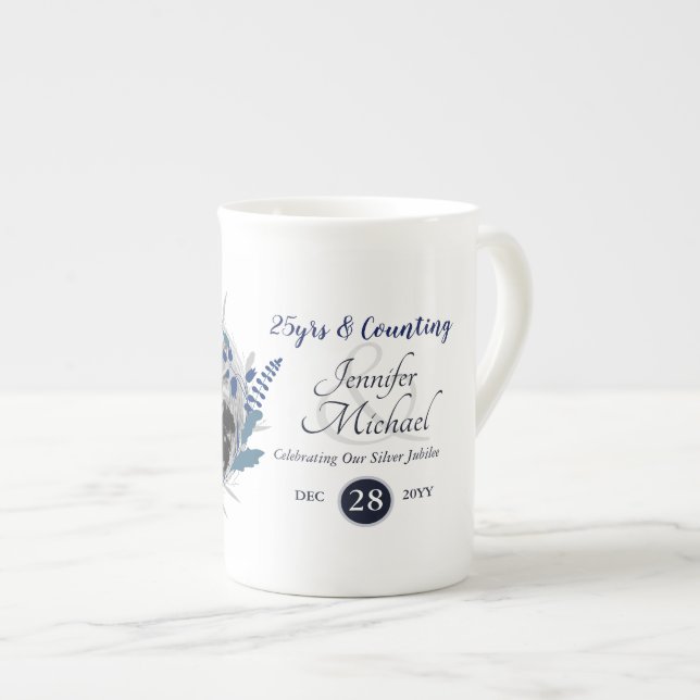 Photo Wedding Anniversary Gift Blue Wreath Modern Bone China Mug (Front Right)