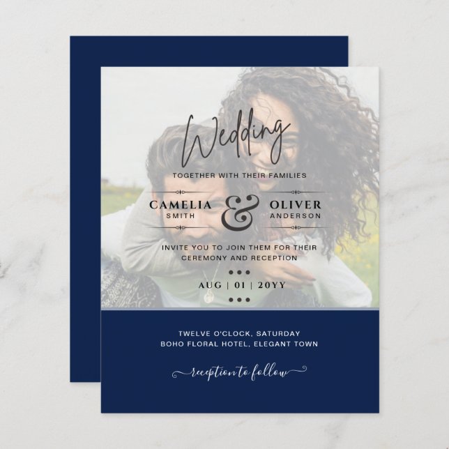 PHOTO WEDDING INVITATION Budget Overlay Text LeahG (Front/Back)