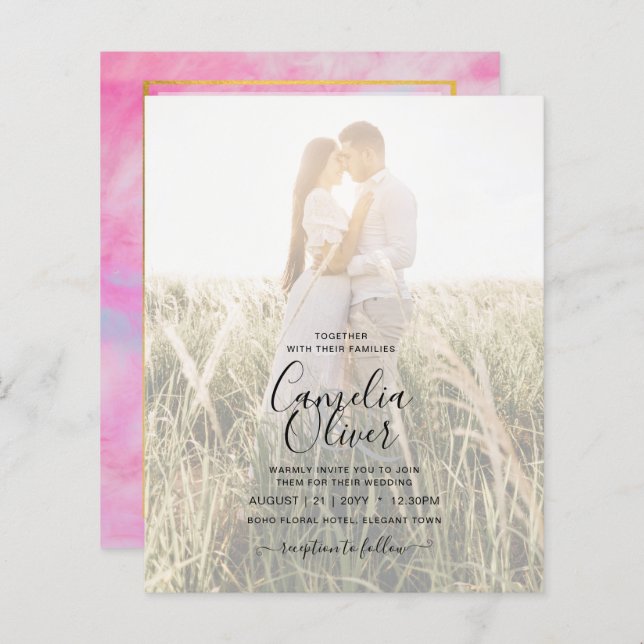 PHOTO WEDDING INVITATION Pink Aqua Blue Gold INK  (Front/Back)