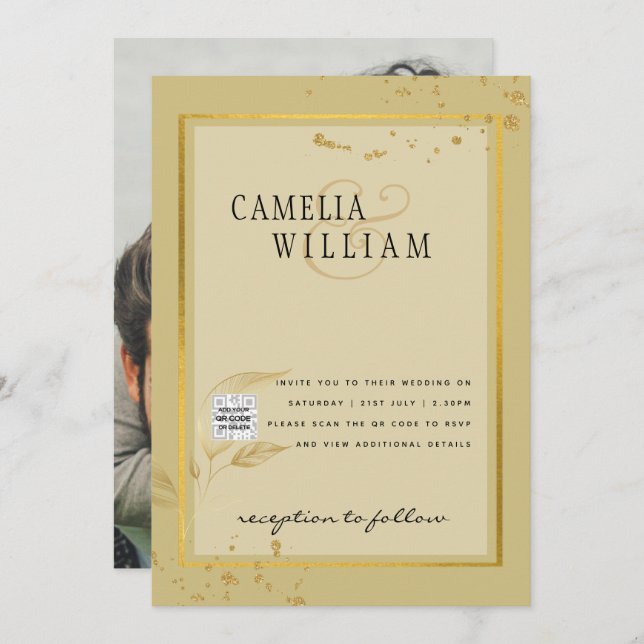 Photo Wedding Invitation QRCode RSVP Gold Yellow (Front/Back)