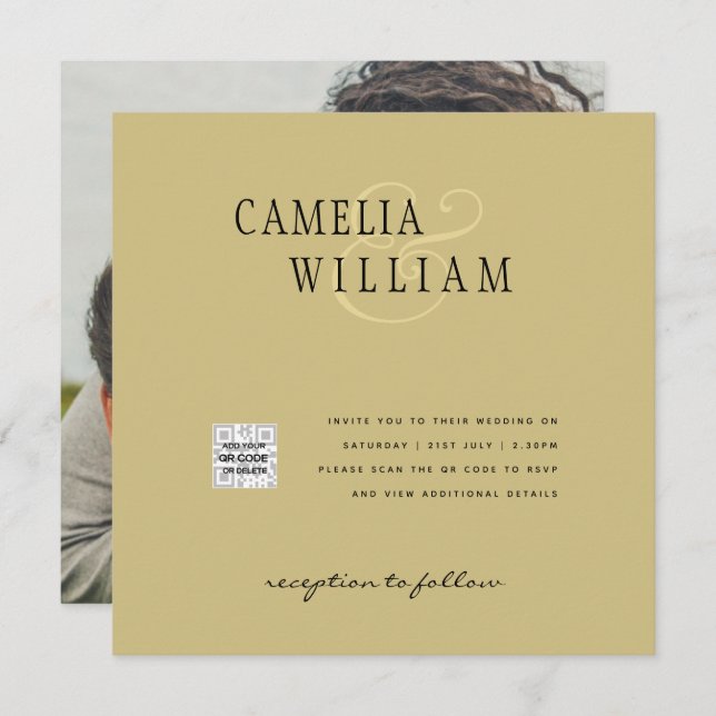 Photo Wedding Invitation QRCode RSVP Gold Yellow (Front/Back)