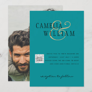 Photo Wedding Invitation QRCode RSVP SeaGlass Teal