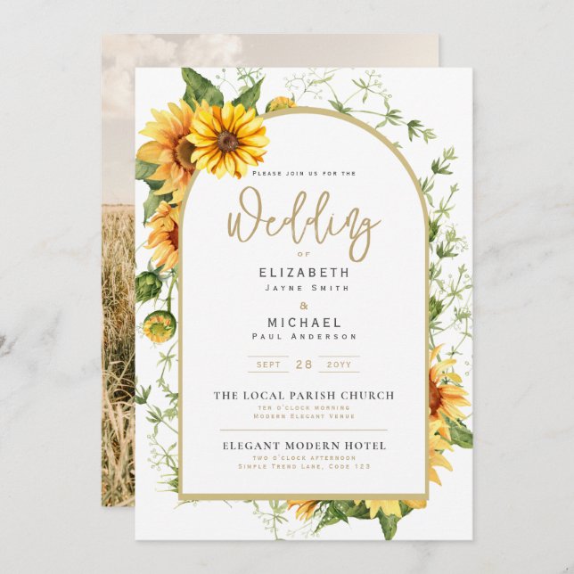 Photo Wedding Invitation with Sunflowers (Front/Back)