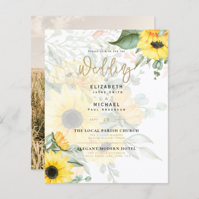 Photo Wedding Invitation with Sunflowers (Front/Back)