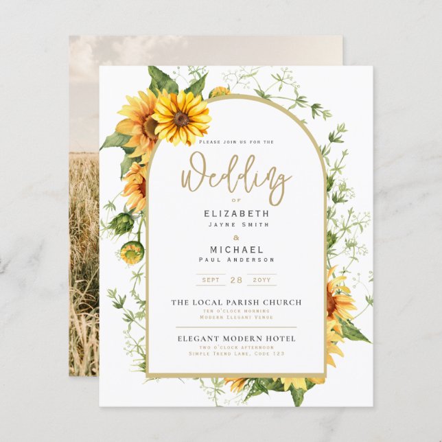 Photo Wedding Invitation with Sunflowers (Front/Back)