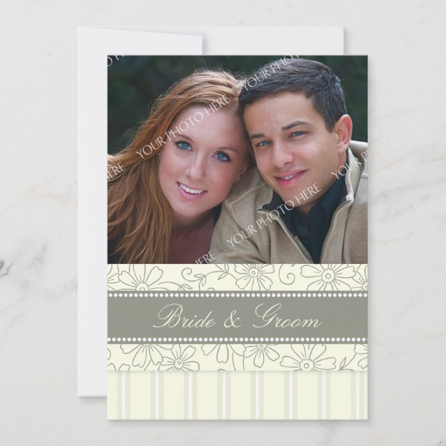 Photo Wedding Invitations Beige Stripes & Floral (Front)