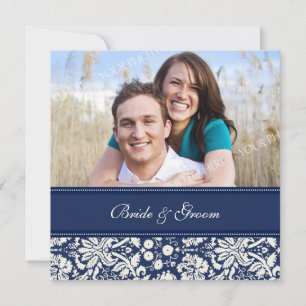 Photo Wedding Invitations Blue Cream Damask