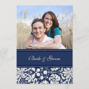 Photo Wedding Invitations Blue Cream Damask