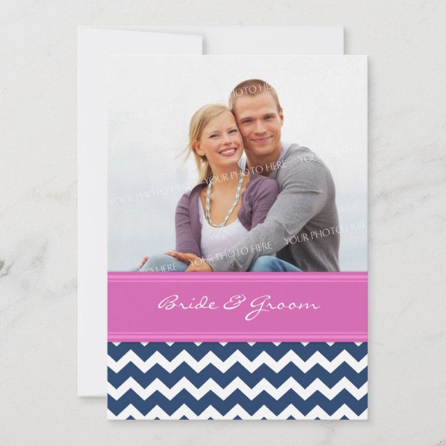 Photo Wedding Invitations Blue Hot Pink Chevron (Front)