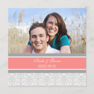 Photo Wedding Invitations Coral Grey Damask