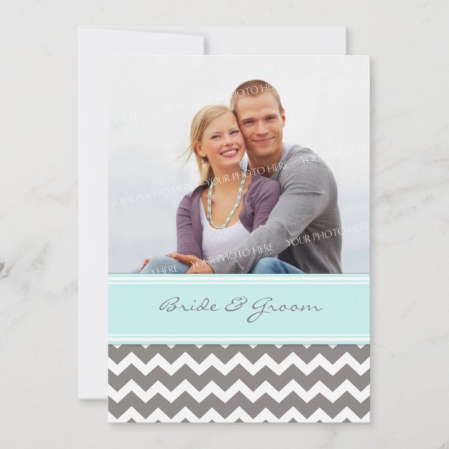 Photo Wedding Invitations Grey Blue Chevron (Front)