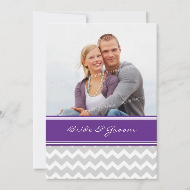 Photo Wedding Invitations Grey Plum Chevron (Front)