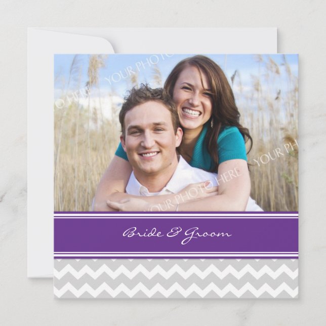 Photo Wedding Invitations Grey Purple Chevron (Front)