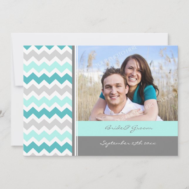 Photo Wedding Invitations Grey Teal Chevron (Front)