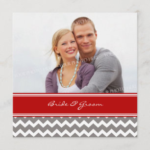 Photo Wedding Invitations Red Grey Chevron