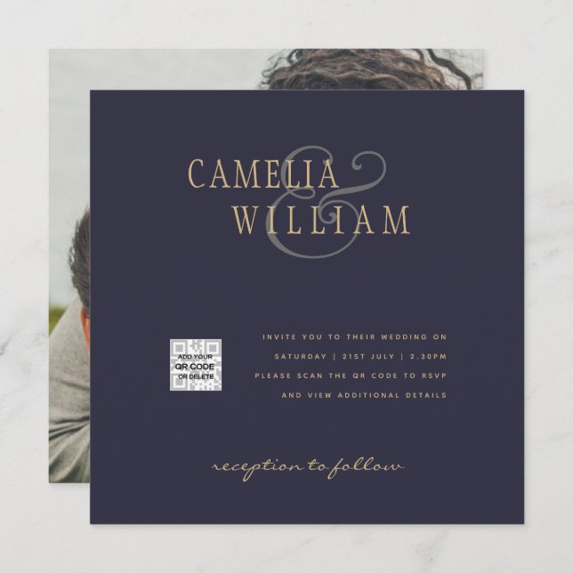 PHOTO Wedding Invite QR Code Save Date BLUE (Front/Back)