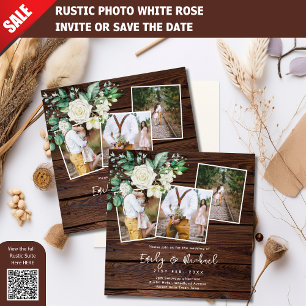 PHOTO WEDDING INVITES RUSTIC WHITE ROSES SQUARE