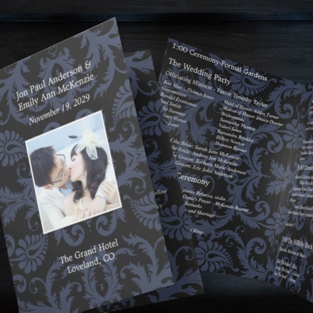 Photo Wedding Program Navy Blue & White Damask (Creator Uploaded)