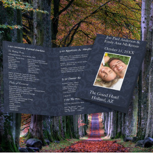 Photo Wedding Program Navy Blue & White Damask