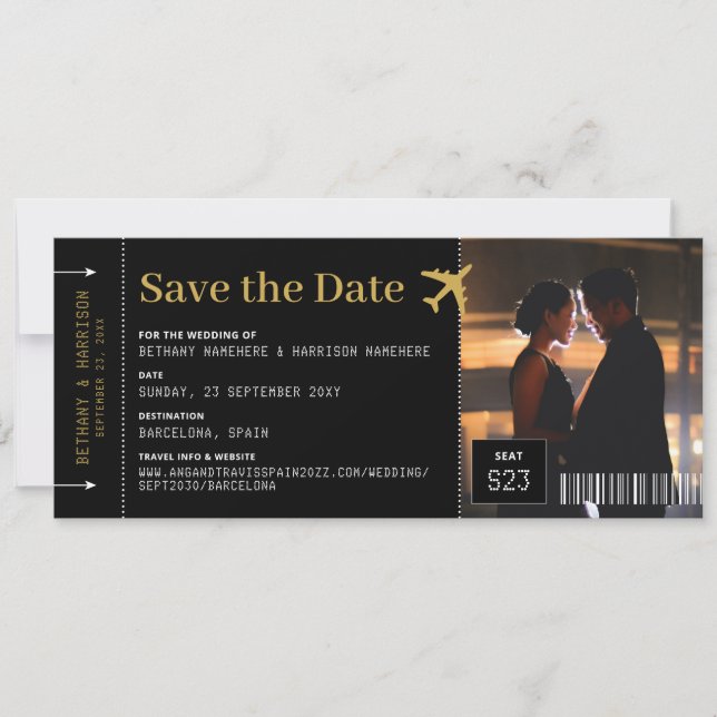 Photo Wedding Save the Date Boarding Pass Black (Front)