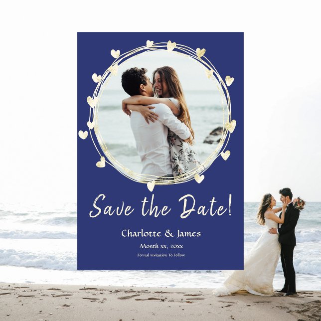 Photo Wedding Save The Date, Golden Hearts Save The Date (Photo Wedding Save The Date Engagement Gold Hearts)