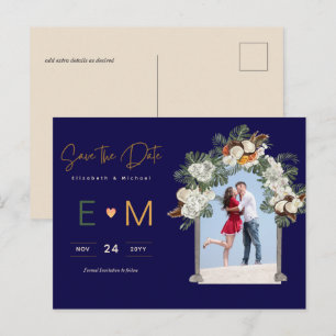 Photo Wedding Save the Date Navy Terracotta Floral Postcard