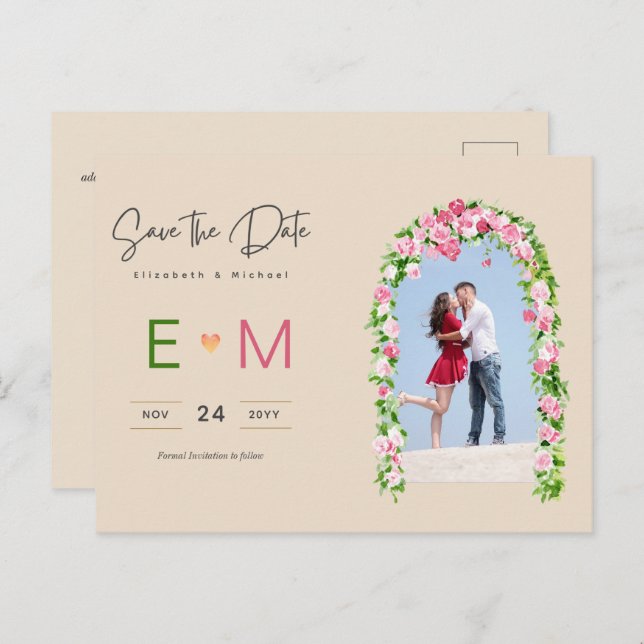 Photo Wedding Save the Date Pink Floral Postcard (Front/Back)
