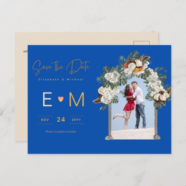 Photo Wedding Save the Date Royal Blue Floral Postcard (Front/Back)