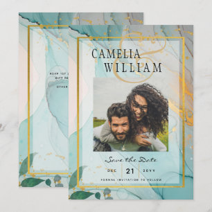 PHOTO WEDDING SAVE THE DATE Teal Gold Ink LeahG Invitation