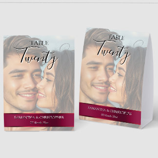 Photo Wedding Table Number with Burgundy Maroon 