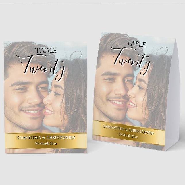 Photo Wedding Table Number with Faux Gold Band  (Front/Back)