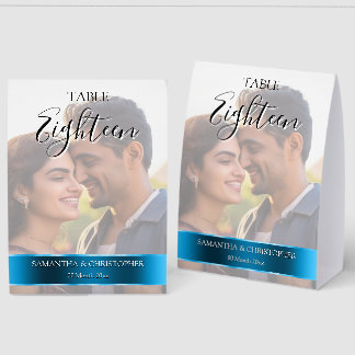 Photo Wedding Table Number with Royal blue band