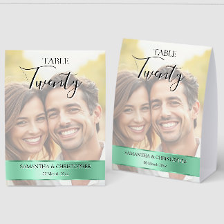 Photo Wedding Table Number with Sage Green band