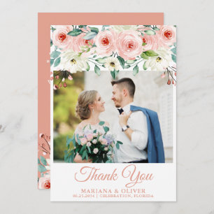 Photo Wedding Thank You Card Peach White Floral
