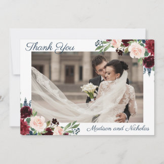 Photo Wedding Thank You Cards Navy Marsala Flowers