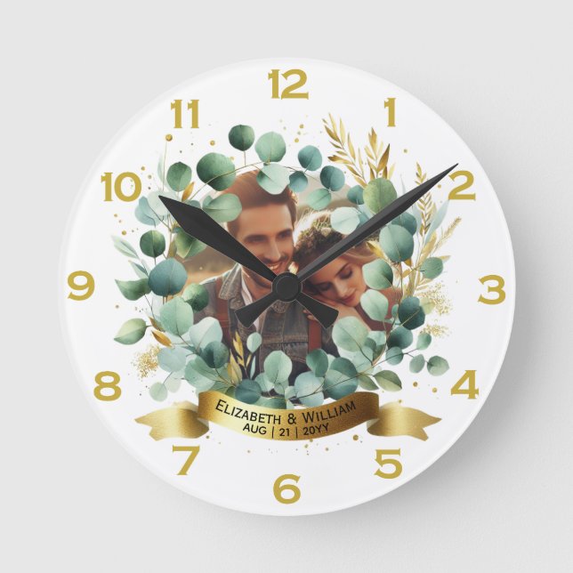 PHOTO Wedding Thank You Eucalyptus Leaves Gift   Round Clock (Front)