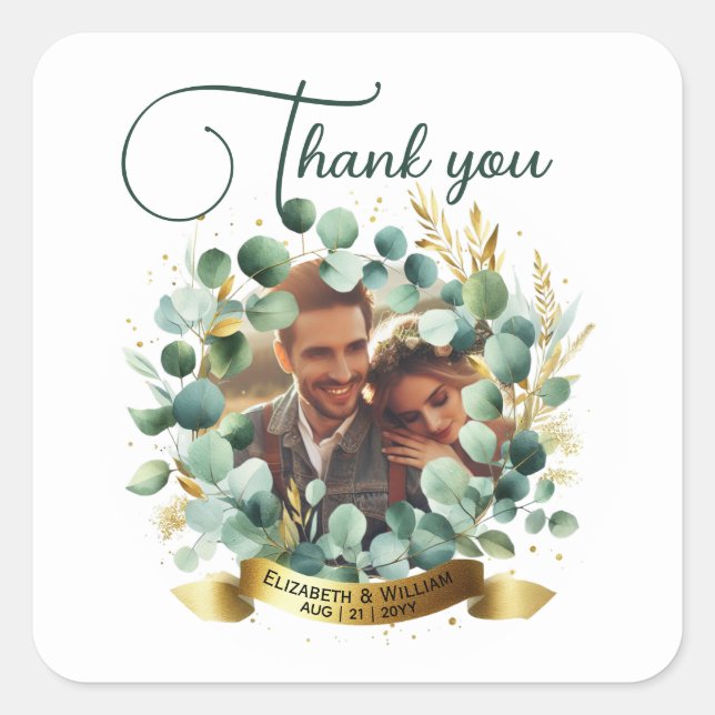 PHOTO Wedding Thank You Eucalyptus Leaves Gift   Square Sticker (Front)