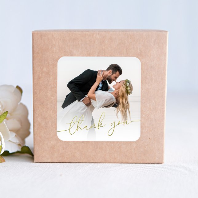 Photo Wedding Thank You Gold Script Favour  Square Sticker (Wedding thank you photo sticker with gold script for favors and envelopes)