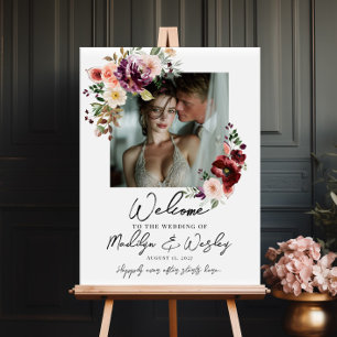 Photo wedding welcome sign, burgundy flowers poster