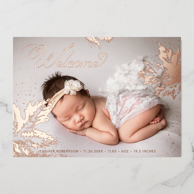 Photo Welcome Baby Rose Gold Foil Leaves Birth (Front)