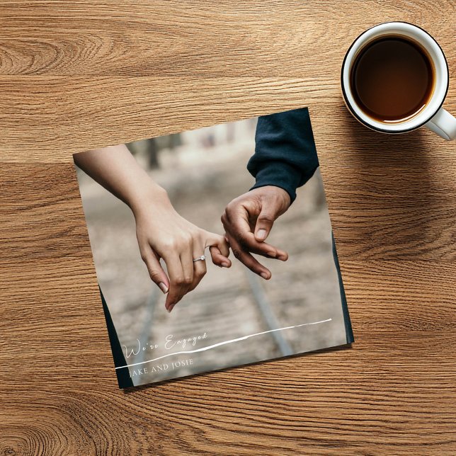 Photo we're engaged announcement party card (Square "we're engaged" photo card with full cover photo)