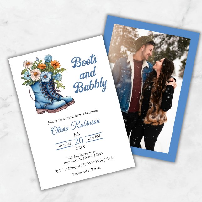 Photo Western Blue Boots & Bubbly Bridal Shower  Invitation (Photo Western Blue Boots & Bubbly Bridal Shower Invitation   )