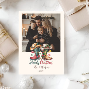Photo Western Cowboy Boots Rustic Howdy Christmas Holiday Card